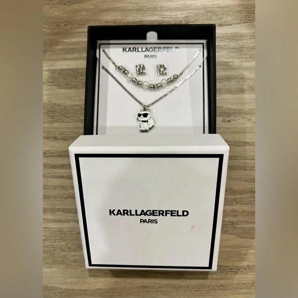NIB! Karl Lagerfeld Silver Necklace Set & Earrings Set - Picture 3 of 3